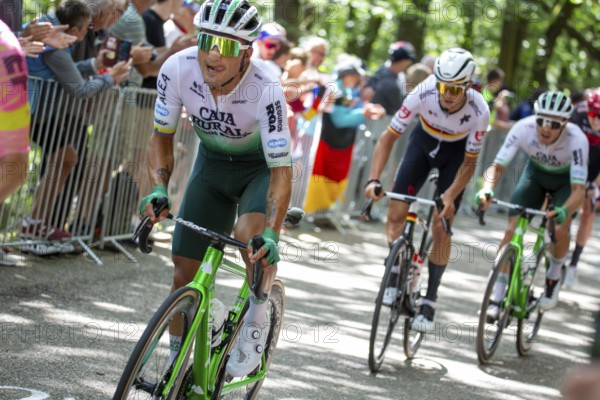 Lidl Deutschland Tour 2024 (cycling), 4th stage and last stage From Annweiler am Trifels to Saarbrücken (182, 7 KM) . Image: Arrival at the Kalmit, the highest mountain in the Palatinate Forest