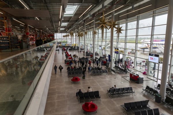 Departure lounge aircraft boarding area inside Tirana International Airport Nënë Tereza, Mother Theresa Rinas Airport, Tirana, Albania, Europe
