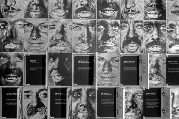 Coal miners' portraits in the be-MINE Mijnmuseum, coal mine museum at Beringen-Mijn, Beringen, Koersel, province of Limburg, Flanders, Belgium, Europe