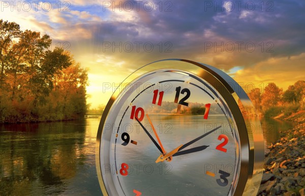 Symbol photo, clock, time, clock face, time, season, sunset, lake, landscape, sensation, sense of time, duration of time, time window