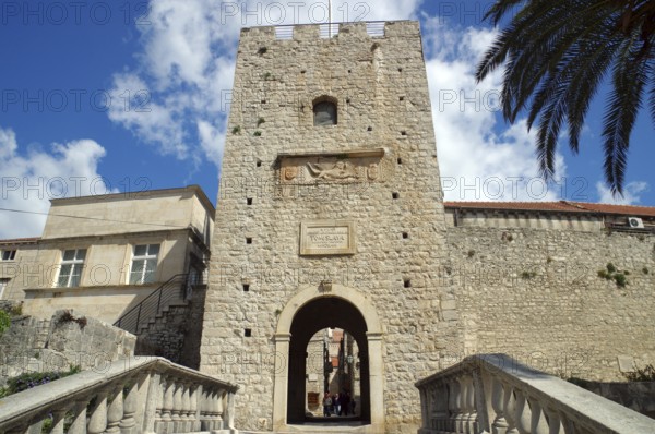 Stairs and medieval city gate leading into the old town of Korcula, Marco Polo, Adriatic Sea, Mediterranean Sea, Croatia, Europe