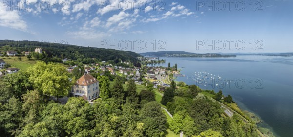 Aerial view, panorama of Arenenberg with Arenenberg Castle, Napoleon Museum, on the lakeshore the municipality of Mannenbach-Salenstein on western Lake Constance, on the horizon the Höri peninsula and the Hegau mountains, municipality of Salenstein, Canton Thurgau, Switzerland, Europe
