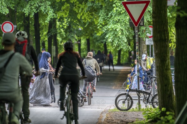 One of 4 road crossings of the Promenade cycle path, a tree-lined, car-free, approximately 4.5 km long ring road around the city centre of Münster, North Rhine-Westphalia, Germany, Europe