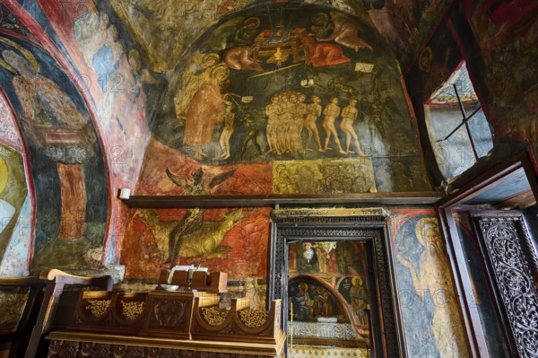 Historical painting with religious themes and figures on a wall in an Orthodox church, scenes from the Last Judgement, Inside the monastery, Agiou Theologou Monastery, Chora, Patmos, Dodecanese, Greek Islands, Greece, Europe