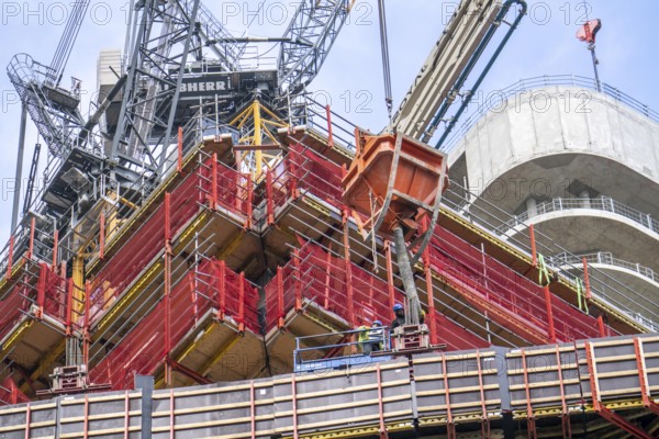 Construction site of the FOUR construction project, 4 high-rise towers at Roßmarkt in Frankfurt am Main, will be up to 228 metres high, with 59 storeys, for use as office buildings, flats, hotels and restaurants, Hesse, Germany, Europe