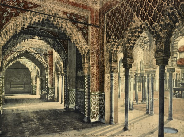 Granada, Alhambra, Sala de Justicia y Patio de los Leones, Spain, c. 1890, Historical, digitally restored reproduction from a 19th century original, Europe