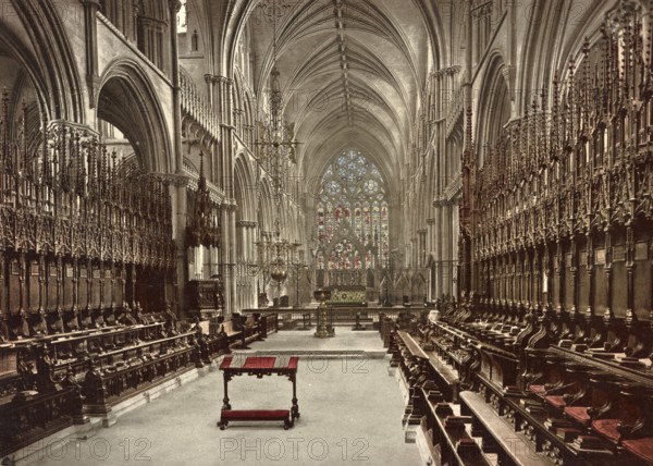 Choir of Lincoln Cathedral, Cathedral Church of the Blessed Virgin Mary of Lincoln, The Cathedral Church of St Mary, one of the most important works of English Gothic art, England, c. 1890, Historic, digitally restored reproduction from a 19th century original