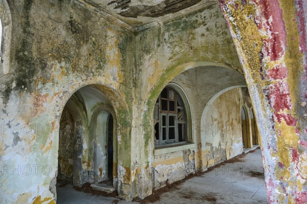Abandoned rooms with dilapidated walls and arches, overgrown and in a state of decay, Italian Governor's Palace, Ruins, Italian colonial settlement, Eleousa, Rhodes, Dodecanese, Greek Islands, Greece, Europe