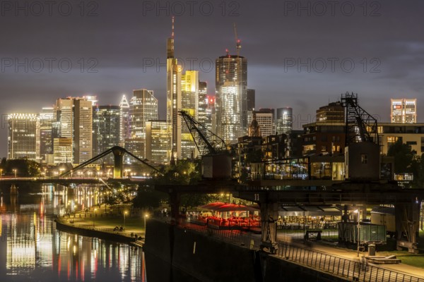 Skyline of Frankfurt am Main in the evening, skyscrapers in the banking district in the evening. Frankfurt am Main, Hesse, Germany, Europe