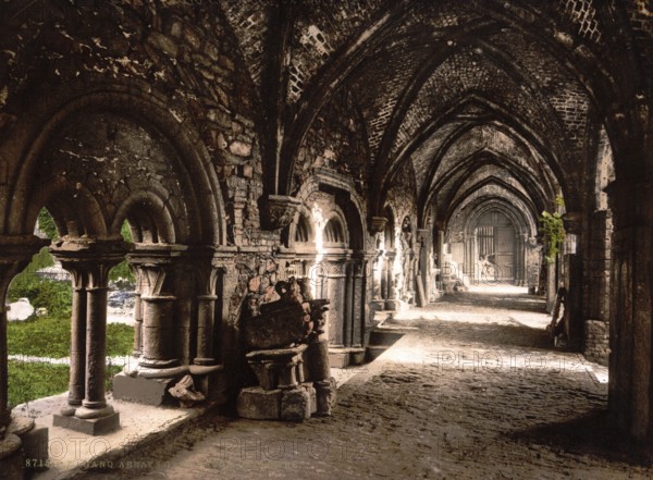 Cloister in St Bavo's Abbey, an abbey in the Flemish city of Ghent near the confluence of the Leie and Scheldt rivers, Belgium, ca 1895, Historical, digitally restored reproduction from a 19th century original, Record date not stated, Europe