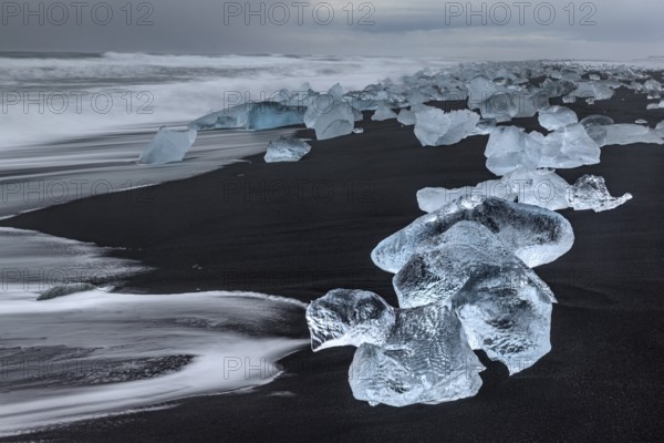 Ice floes, beach, sea, waves, cloudy, Diamond Beach, Breidamerkursandur, Jökulsarlon, Iceland, Europe