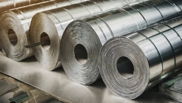 Metal, material, various thin sheets of stainless steel on a roll
