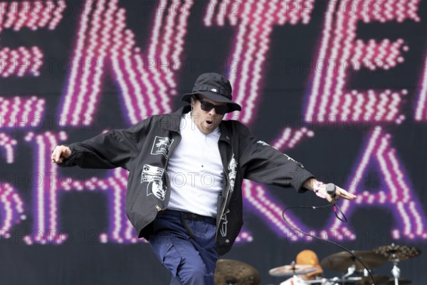 Adenau, Germany, 7 June 2024: Enter Shikari (Roughton Rou Reynolds, singer) play at Rock am Ring. The festival takes place at the Nürburgring race track near the town of Adenau from 7 to 9 June 2024, Europe