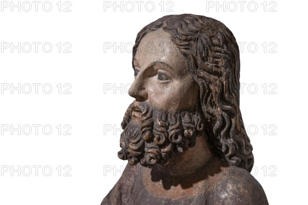 Head of Jesus, around 1470, on a white background, only the body of Jesus remains of the palm donkey, Strigel Museum, Martin-Luther-Platz 1, Memmingen, Swabia, Bavaria