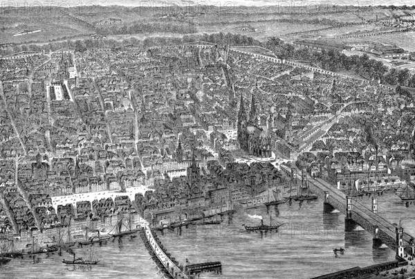 Bird's-eye view of Cologne, Germany, in 1880, Historical, digital reproduction of an original from the 19th century, Europe