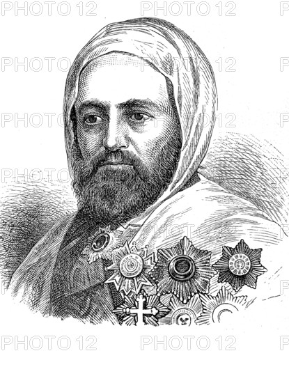 Hadji Abd el-Kader, Abd el-Kadir, Abd al-Kadir or ?Abd al-Qadir, actually Sidi el-Hadj Abd el-Kader Uled Mahiddin, 6 September 1808, 26 May 1883, an Algerian freedom fighter and scholar, Algeria, Historical, digital reproduction of an original from the 19th century, Africa