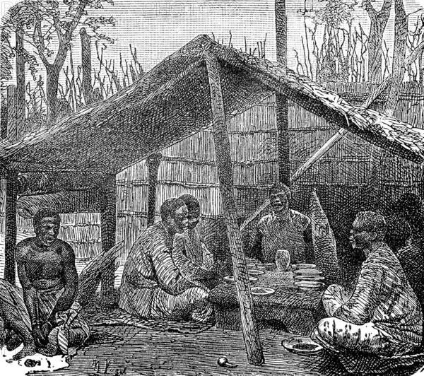Men from the Kabinda tribe, district in the Democratic Republic of the Congo, in a hut, Africa, around 1870, Historical, digital reproduction of an original from the 19th century