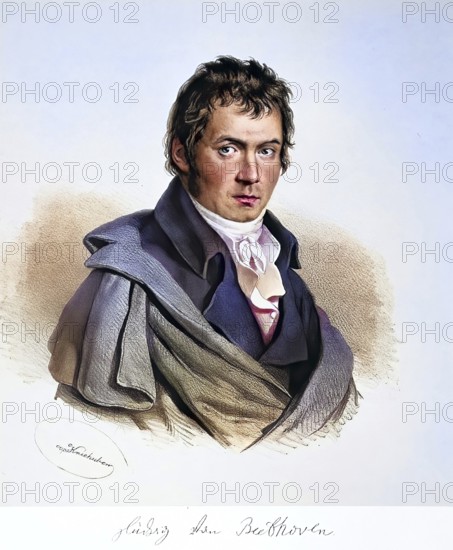 Ludwig van Beethoven, (baptised on 17 December 1770 in Bonn, capital and residence of the Electorate of Cologne, died 26 March 1827 in Vienna, Austrian Empire) was a German composer and pianist, idealising painting by Joseph Karl Stieler, ca. 1820, Historical, digitally restored reproduction from a 19th century original, Record date not stated