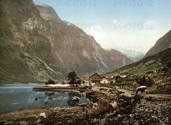 Gudvangen on the Sognefjord, the longest (205 km) and at the same time the deepest (1303 m) fjord in Europe, Norway, around 1895, Historical, digitally restored reproduction from a 19th century original, Record date not stated, Europe