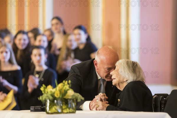 Margot Friedländer (Holocaust survivor and honorary citizen of the city of Berlin) is congratulated by Kai Wegner (Governing Mayor of Berlin) after her reading at the commemorative event organised by the Senate and Berlin House of Representatives to mark the 80th anniversary of the end of the Second World War, Berlin, 7 May 2025