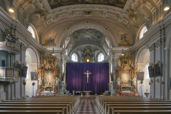Interior with large purple Lenten cloth in front of the high altar, baroque parish church of St Nicholas, built between 1722 and 1724, Kirchacker 20, Tannheim, Austria, Europe