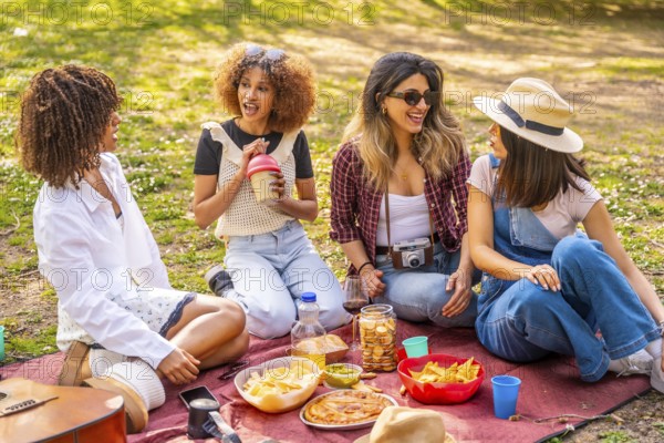Four female friends enjoying a lively picnic in the park, sharing snacks, laughing, and creating joyful memories under the sun