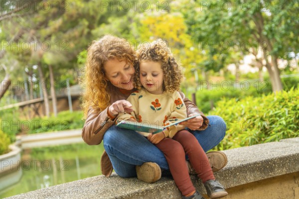 School girl sitting on the lap of her mother reading a book in a park