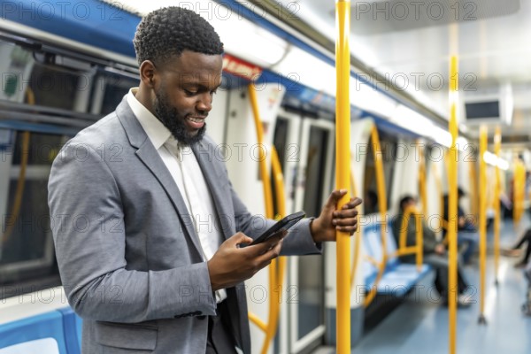 Smiling businessman holding a pole while using a smartphone, standing inside a subway train during his daily commute in the city