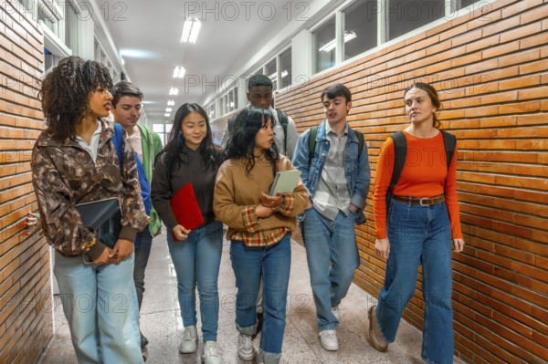 Multi ethnic university students walking down school hallway, chatting and holding books and tablets