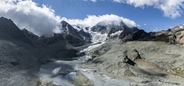 Aerial view, Alpine panorama, mountain landscape with glacier tongue and glacier lake, Glacier de Cheilon and summit Mont Blanc de Cheilon, Valais, Western Alps, Switzerland, Europe
