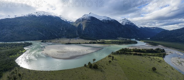 Aerial view over Rio Baker at the Rio Nadis mountain range south of Cochrane, Patagonia, Chile, South America