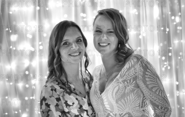 Two friends, young woman, portrait, smiling, posing, black and white, Stuttgart, Baden-Württemberg, Germany, Europe