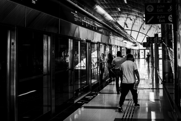 Black and white photography, Metro stations and railway stations, Dubai, United Arab Emirates, Middle East, Asia