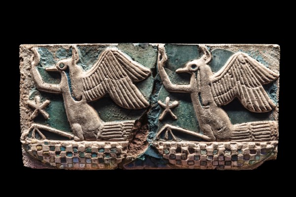 Tile from the frieze with Rechit birds from the exhibition: Ramses the Great and the Gold of the Pharaohs, Cologne, North Rhine-Westphalia, Germany, Europe