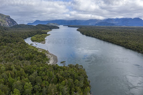 Aerial view of river Rio Palena between La Junta and Puerto Raul Marin Balmaceda, Patagonia, Chile, South America