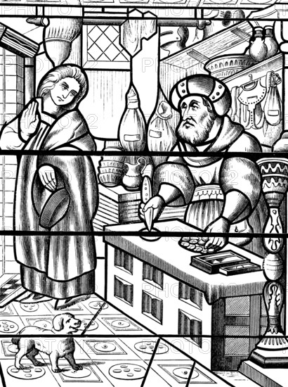 Stained glass in the church Église Saint-Alpin in Châlons-en-Champagne, Marne, historical monument, business in the Middle Ages, money lender, France, historical illustration 1880, Europe