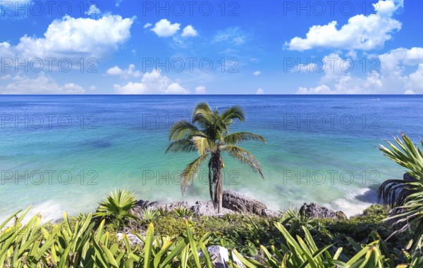 Mexico, Tulum Archaeological Zone and Mayan pyramids on scenic ocean shore, Central America
