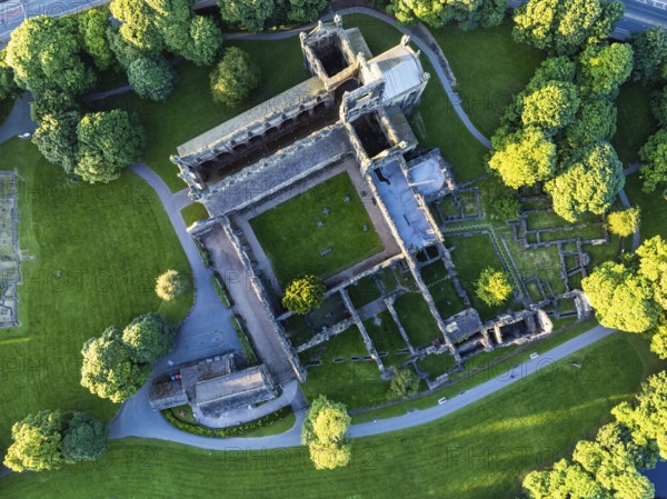 Top Down over Kirkstall Abbey from a drone, Kirkstall, River Aire, Leeds, West Yorkshire, England, United Kingdom, Europe