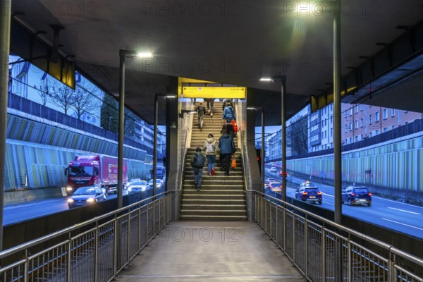 Underground station, Breslauer Straße U18, in the middle of the A40 motorway, Essen city centre, dark, loud, Essen North Rhine-Westphalia, Germany, Europe