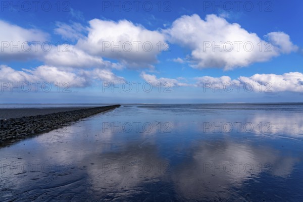 The Wadden Sea, East Frisia, between Bensersiel and Neuharlingersiel, Breakwater behind the dyke, Lower Saxony, Stairs, Germany, Europe
