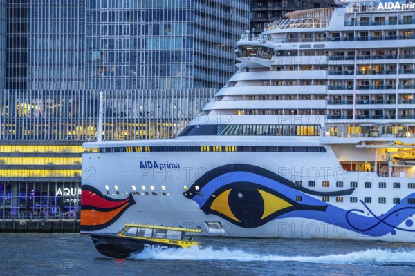 Cruise ship Aida Prima at the Cruise Terminal of Rotterdam, Kop van Zuid, skyscrapers at the Wilhelminakade, water taxi, Netherlands