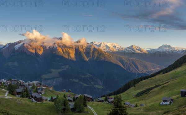 Bettmeralp with view of the Rhone valley, evening mood, alpenglow, tourism, mountain village, travel, Valais, Switzerland, Europe