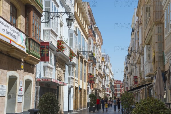 Narrow alley with colourful houses, lively atmosphere and decorative shutters, pedestrian zone, Calle Ancha alleyway, old town, Cadiz, Cadiz, Andalusia, Spain, Europe