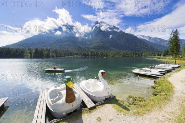 Jetty with boats at Hintersee, pedal boats, swan, duck, Hochkalter, Ramsau, Berchtesgaden National Park, Berchtesgadener Land, Upper Bavaria, Bavaria, Germany, Europe