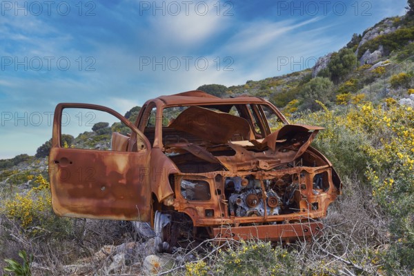 Rusted car amidst blooming wildflowers under a clear blue sky, wrecked car, sky exchanged, Crete, Greek Islands, Greece, Europe