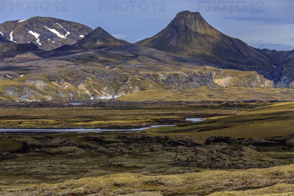 Volcanic landscape, lava, mountainous, river, summer, sunny, cloudy, highland, Laki, Lakagigar, Iceland, Europe