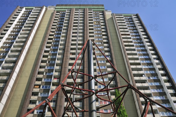 Residential tower block KölnBerg, a social hotspot in the Meschenich district of Cologne, North Rhine-Westphalia, Germany, Europe