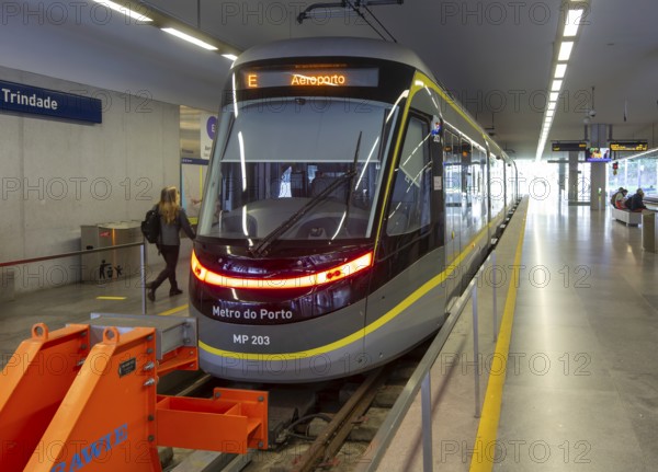 Metro do Porto tram train at Trindade station, Porto, Portugal, Europe destination Aeroporto Airport, Europe
