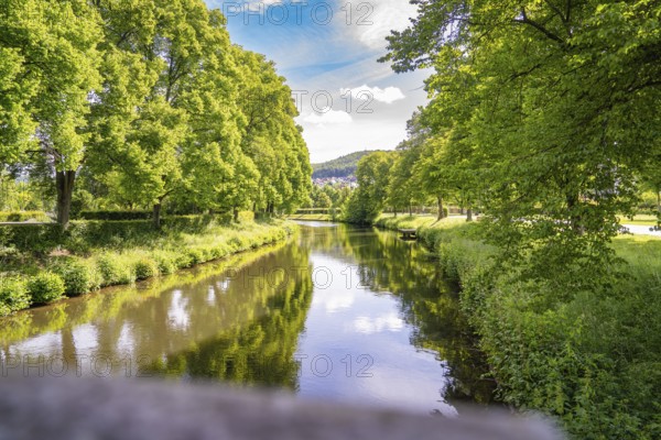 A calm river, surrounded by green trees, reflects the blue summer sky, Nagold, Black Forest, Germany, Europe