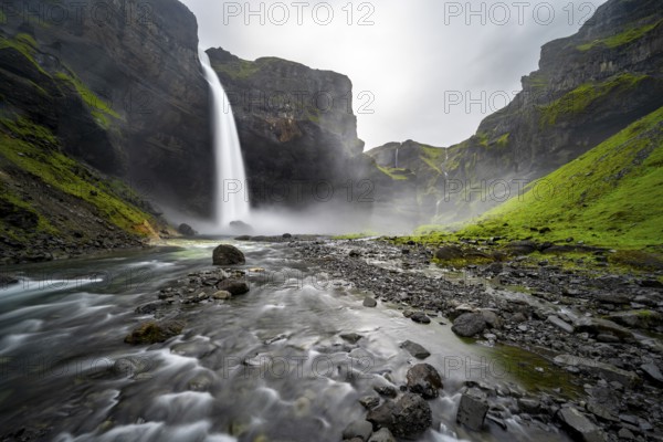 Haifoss and Granni waterfall at a canyon, Fossá í Þjórsárdal, with river í Þjórsárdal, long exposure, dramatic landscape, Hekla, Iceland, Europe
